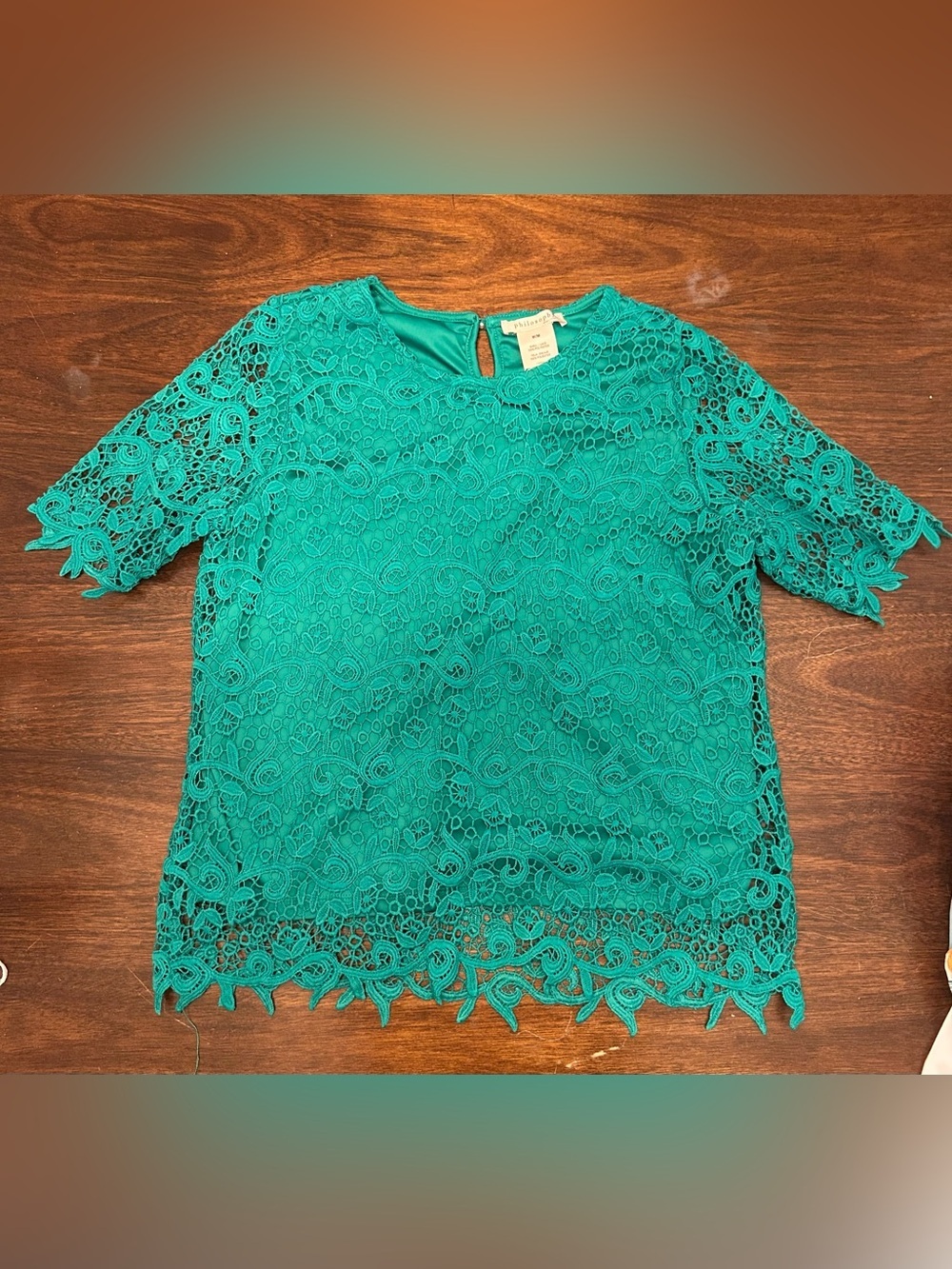 Philosophy Teal Lace Short Sleeve Blouse